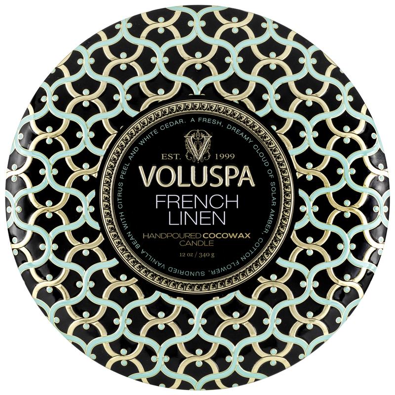 Voluspa Maison Noir French Linen 3 Wick Tin Candle 12oz