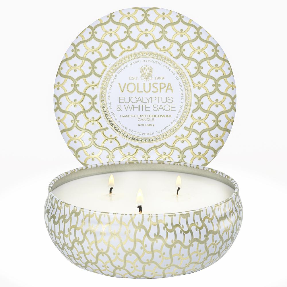 Voluspa Maison Blanc Eucalyptus & White Sage 3 Wick Tin Candle 12oz