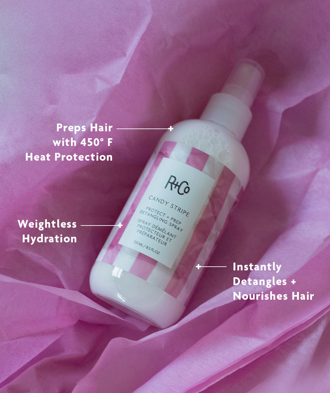 R+Co Candy Stripe Protect + Prep Detangling Spray 8.5oz